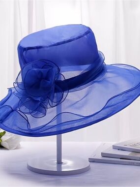 Women's Cobalt Wide-Brim Organza Hat with Floral Accent